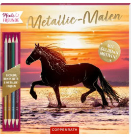 Malbuch mit schwarzem Pferd am Strand bei Sonnenuntergang, inklusive metallischer Buntstifte.