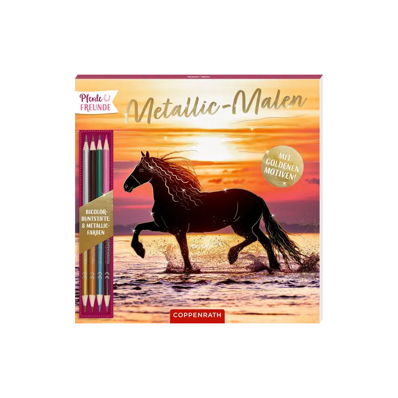 Malbuch mit schwarzem Pferd am Strand bei Sonnenuntergang, inklusive metallischer Buntstifte.