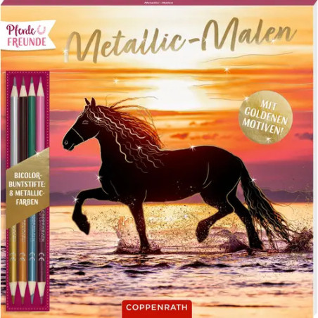 Malbuch mit schwarzem Pferd am Strand bei Sonnenuntergang, inklusive metallischer Buntstifte.
