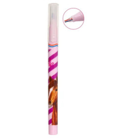 Pinkfarbener Stift mit Pferdemotiv, gestreiftem Design und Detailansicht der Spitze auf weißem Hintergrund.