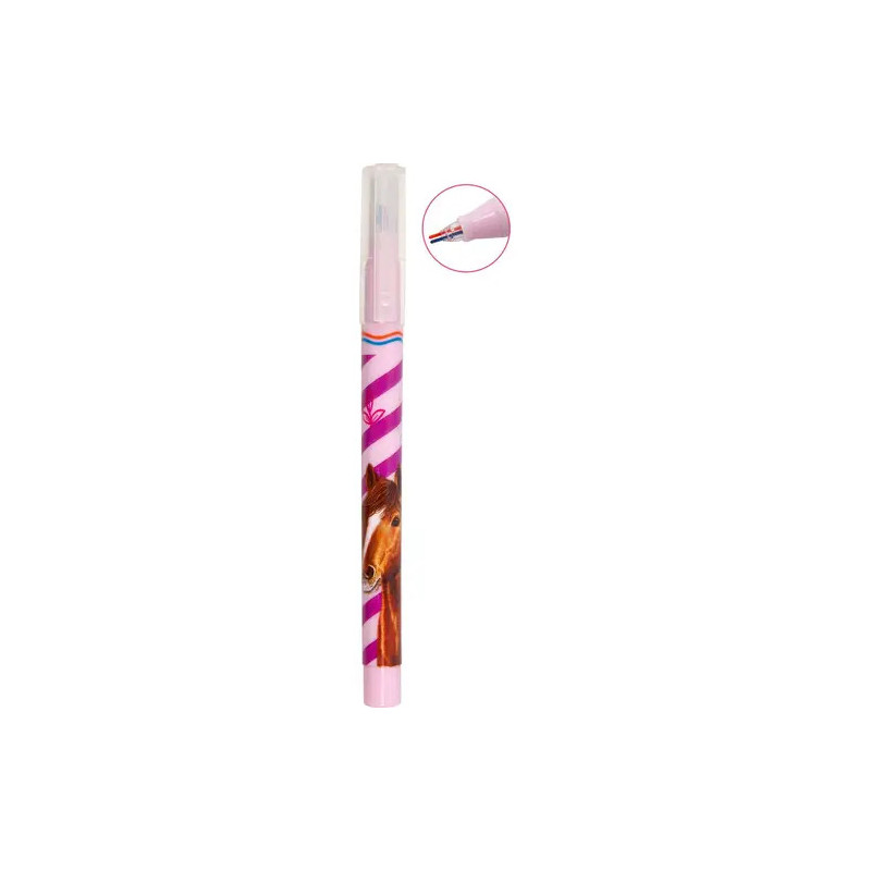 Pinkfarbener Stift mit Pferdemotiv, gestreiftem Design und Detailansicht der Spitze auf weißem Hintergrund.