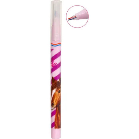 Pinkfarbener Stift mit Pferdemotiv, gestreiftem Design und Detailansicht der Spitze auf weißem Hintergrund.