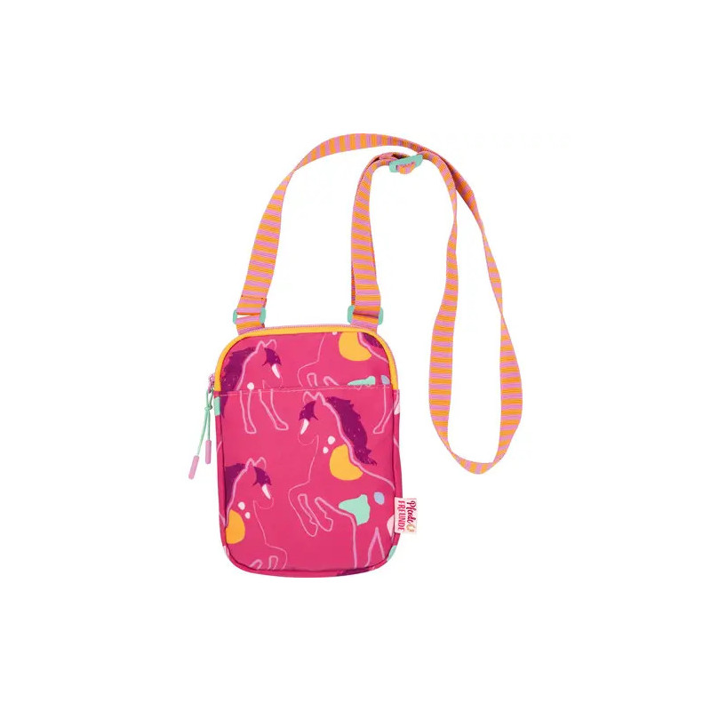 Kleine pinke Umhängetasche mit bunten Pferdemotiven und orange-gestreiftem, verstellbarem Gurt.