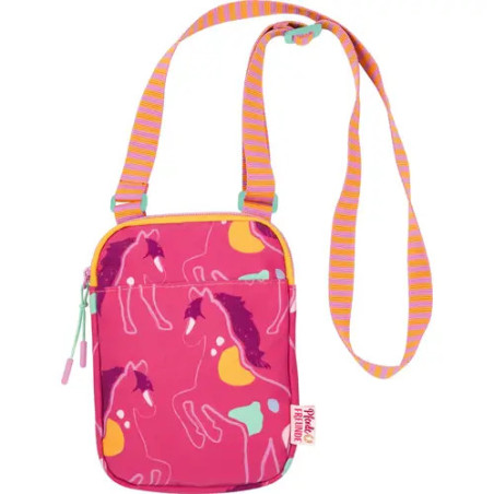 Kleine pinke Umhängetasche mit bunten Pferdemotiven und orange-gestreiftem, verstellbarem Gurt.