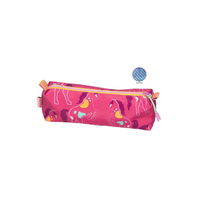 Pinkes Federmäppchen mit bunten Pferdemotiven, gelbem Reißverschluss und kleinem blauen Kreis mit Stoffinnenseite.