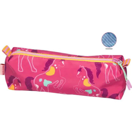 Pinkes Federmäppchen mit bunten Pferdemotiven, gelbem Reißverschluss und kleinem blauen Kreis mit Stoffinnenseite.