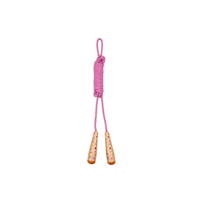 Pinkes Springseil mit Holzgriffen, verziert mit kleinen, bunten Blumen zusammengerollt und vertikal hängend.