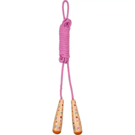 Pinkes Springseil mit Holzgriffen, verziert mit kleinen, bunten Blumen; zusammengerollt und vertikal hängend.