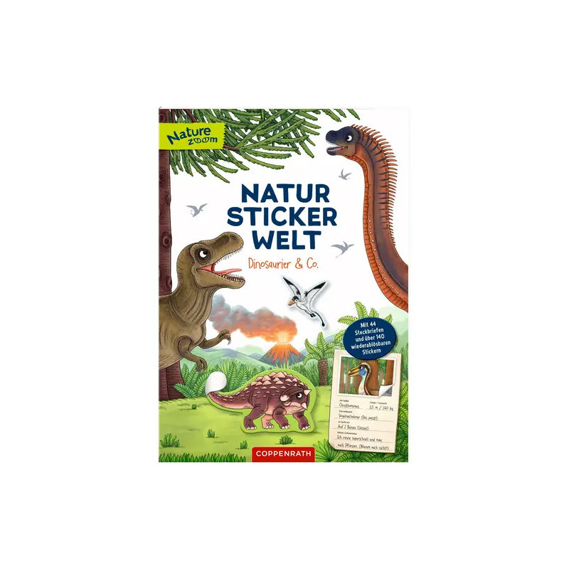 Titel Natur Sticker Welt: Kinder-Stickerbuch mit Dinosauriern, Bäumen und Vulkanen illustriert.