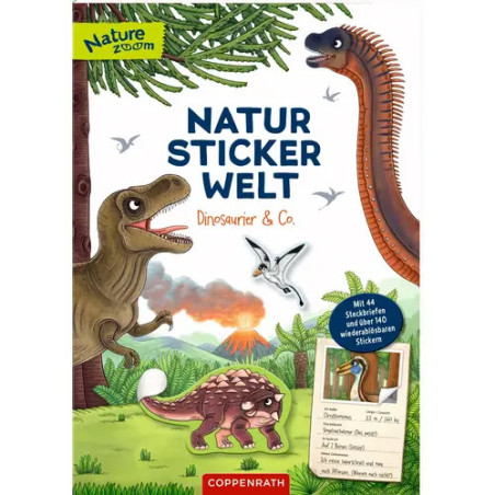 Titel Natur Sticker Welt: Kinder-Stickerbuch mit Dinosauriern, Bäumen und Vulkanen illustriert.