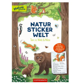 Stickerbuchcover mit illustrierten Waldtieren wie Bären, Vögeln, Eichhörnchen und Bäumen.