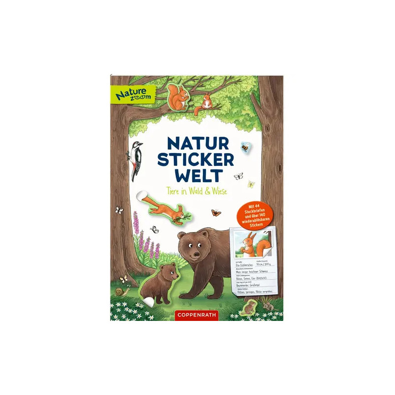 Stickerbuchcover mit illustrierten Waldtieren wie Bären, Vögeln, Eichhörnchen und Bäumen.