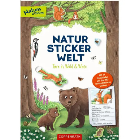 Stickerbuchcover mit illustrierten Waldtieren wie Bären, Vögeln, Eichhörnchen und Bäumen.