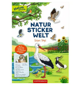 Deutsches Stickerbuch mit illustrierten Vögeln, Bäumen und einem Teich in einer leuchtend grünen Landschaft.