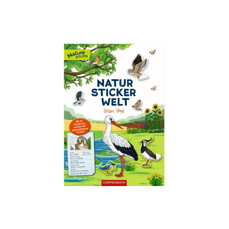 Deutsches Stickerbuch mit illustrierten Vögeln, Bäumen und einem Teich in einer leuchtend grünen Landschaft.
