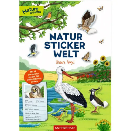 Deutsches Stickerbuch mit illustrierten Vögeln, Bäumen und einem Teich in einer leuchtend grünen Landschaft.