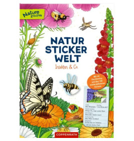 Farbiges Stickerbuch-Cover mit Blumen, Insekten und dem Titel Natur Sticker Welt Insekten & Co.