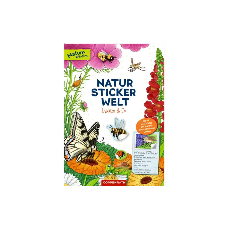 Farbiges Stickerbuch-Cover mit Blumen, Insekten und dem Titel Natur Sticker Welt Insekten & Co.