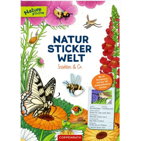 Farbiges Stickerbuch-Cover mit Blumen, Insekten und dem Titel Natur Sticker Welt Insekten & Co.