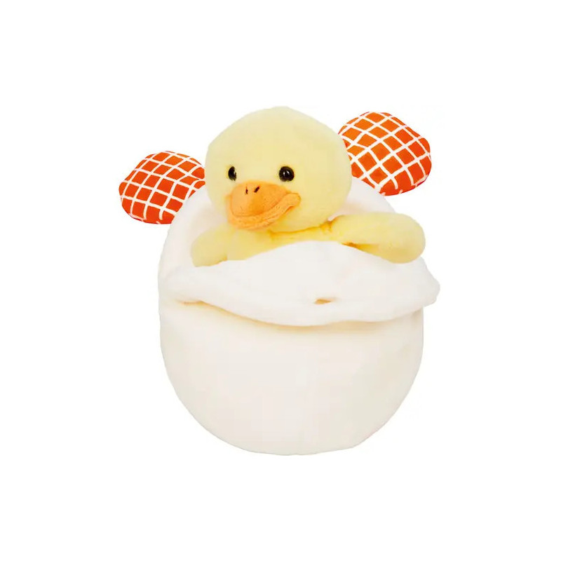 Eine gelbe Plüschente sitzt in einem weißen Ei mit orange gemusterten Flügeln vor weißem Hintergrund.