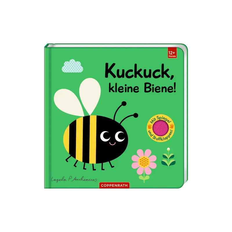 Grünes Kinderbuchcover mit gezeichneter Biene, Blumen und dem Titel Kuckuck, kleine Biene! auf Deutsch.