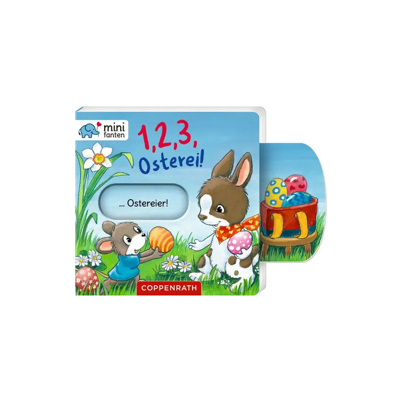 Kinderbuchcover mit Hase, Maus, Ostereiern, Blumen und dem deutschen Titel 1,2,3, Osterei!.