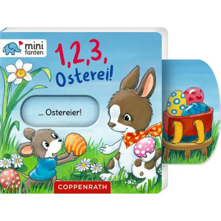 Kinderbuchcover mit Hase, Maus, Ostereiern, Blumen und dem deutschen Titel 1,2,3, Osterei!.