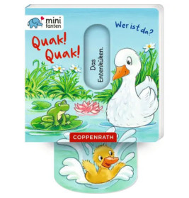 Cover eines deutschen Kinderbuchs mit Ente, Frosch und Küken auf einem Teich, Titel: Quak! Quak!.