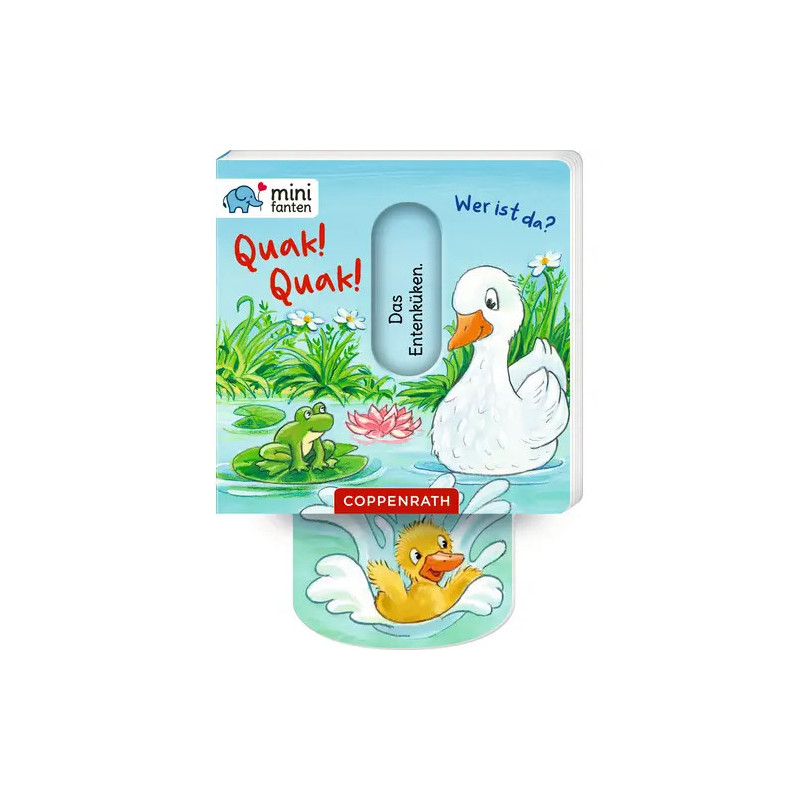 Cover eines deutschen Kinderbuchs mit Ente, Frosch und Küken auf einem Teich, Titel: Quak! Quak!.