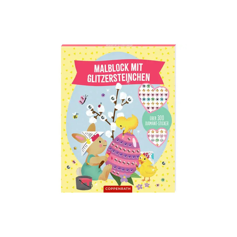 Illustriertes Oster-Malbuch mit Hasen, Eiern und Küken auf gelbem Hintergrund, deutscher Text auf dem Cover.