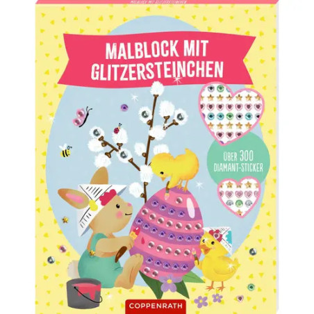 Illustriertes Oster-Malbuch mit Hasen, Eiern und Küken auf gelbem Hintergrund, deutscher Text auf dem Cover.