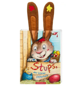 Kinderbuch mit Hasenillustration und Plüschohren. Aufschrift: Stups, der kleine Osterhase.