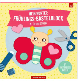 Deutsches Bastelbuch: Bunter Umschlag mit lachendem Schmetterling, Herzen, Schere und Kleber auf gelbem Hintergrund.