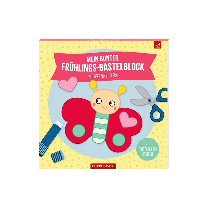 Deutsches Bastelbuch: Bunter Umschlag mit lachendem Schmetterling, Herzen, Schere und Kleber auf gelbem Hintergrund.