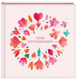 Rosa Buch mit Herz- und Blumenmotiven, Titel MEINE ERSTKOMMUNION auf dem Cover.