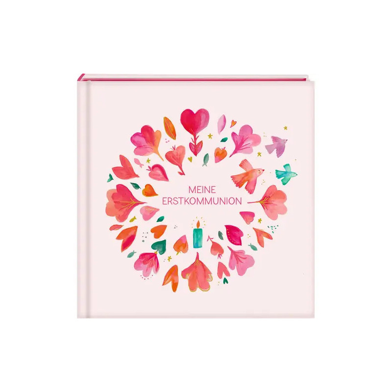 Rosa Buch mit Herz- und Blumenmotiven, Titel MEINE ERSTKOMMUNION auf dem Cover.