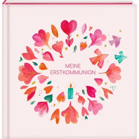 Rosa Buch mit Herz- und Blumenmotiven, Titel MEINE ERSTKOMMUNION auf dem Cover.