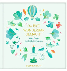 Quadratisches Buchcover mit Aquarell-Illustrationen und deutschem Titel zur Erstkommunion, Verlag Coppenrath.