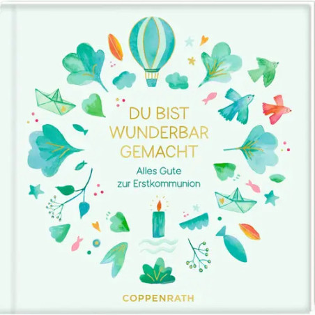 Quadratisches Buchcover mit Aquarell-Illustrationen und deutschem Titel zur Erstkommunion, Verlag Coppenrath.