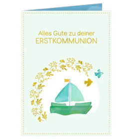 Glückwunschkarte mit grünem Segelboot, Blättern und dem Text: Alles Gute zu deiner Erstkommunion.