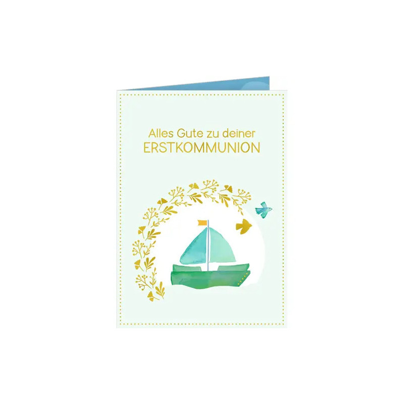 Glückwunschkarte mit grünem Segelboot, Blättern und dem Text: Alles Gute zu deiner Erstkommunion.