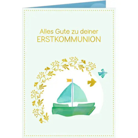 Glückwunschkarte mit grünem Segelboot, Blättern und dem Text: Alles Gute zu deiner Erstkommunion.