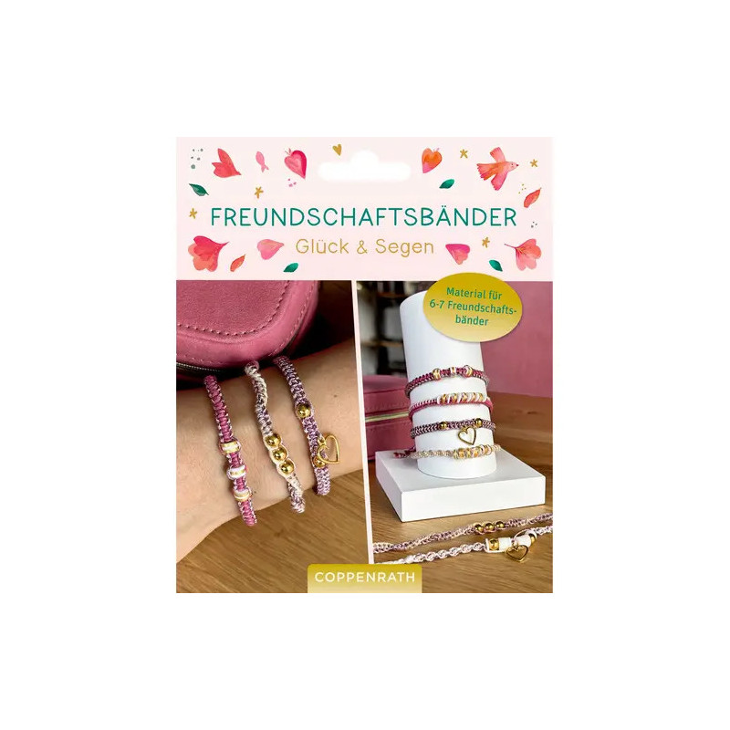 Bastelset für Freundschaftsarmbänder mit rosa-weißen Perlenarmbändern an Handgelenken und als Stapel zu sehen.