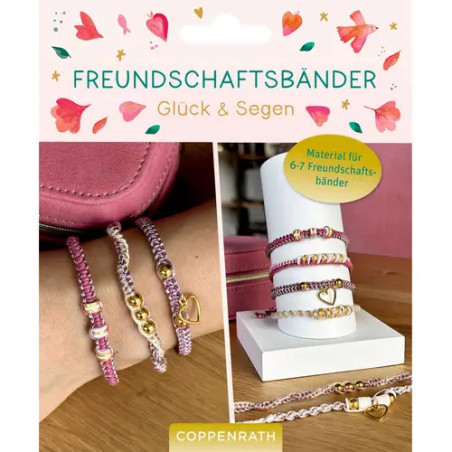 Bastelset für Freundschaftsarmbänder mit rosa-weißen Perlenarmbändern an Handgelenken und als Stapel zu sehen.