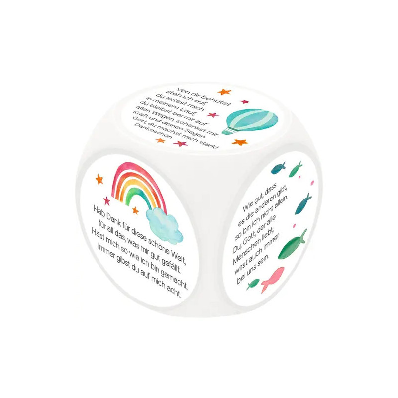 Weiße Würfel mit bunten Bildern wie Regenbogen, Planeten, Fischen und mit deutschem Text auf jeder Seite.