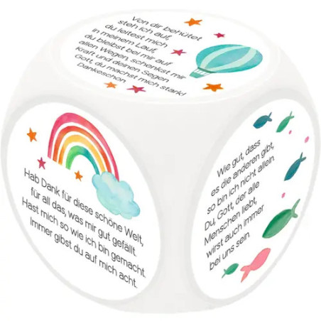 Weiße Würfel mit bunten Bildern wie Regenbogen, Planeten, Fischen und mit deutschem Text auf jeder Seite.
