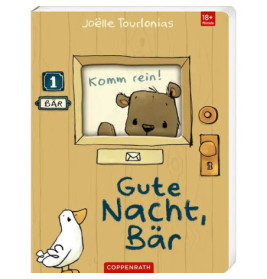 Cover eines Kinderbuchs mit Bär an einer Tür und Vogel, Titel: Gute Nacht, Bär von Joëlle Tourlonias.