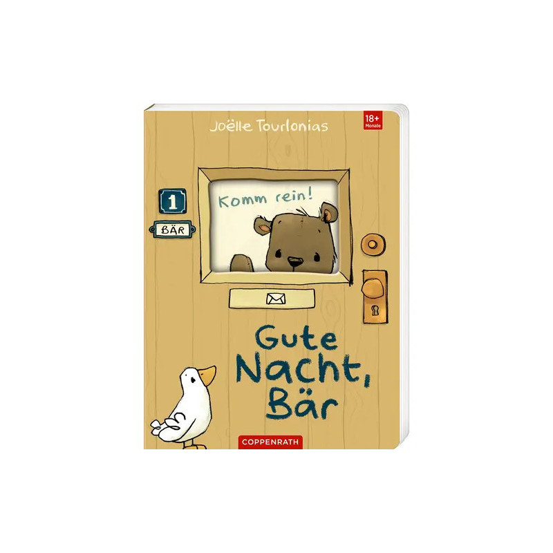 Cover eines Kinderbuchs mit Bär an einer Tür und Vogel, Titel: Gute Nacht, Bär von Joëlle Tourlonias.