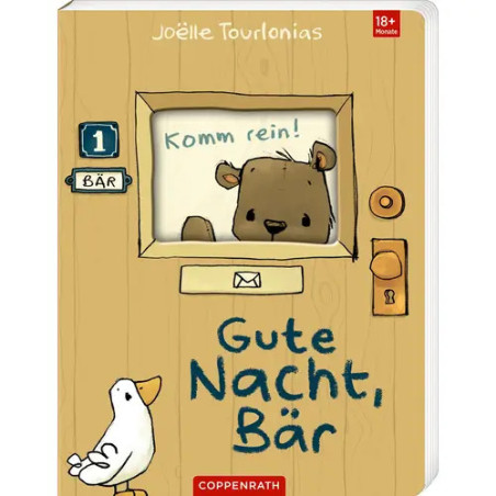 Cover eines Kinderbuchs mit Bär an einer Tür und Vogel, Titel: Gute Nacht, Bär von Joëlle Tourlonias.