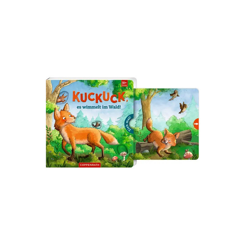 Kinderbuch Kuckuck, es wimmelt im Wald! mit illustriertem Fuchs und weiteren Waldtieren auf dem Cover.